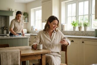 Femme détendue dans sa cuisine pendant qu'une aide ménagère nettoie en arrière-plan, illustrant la délégation des tâches ménagères