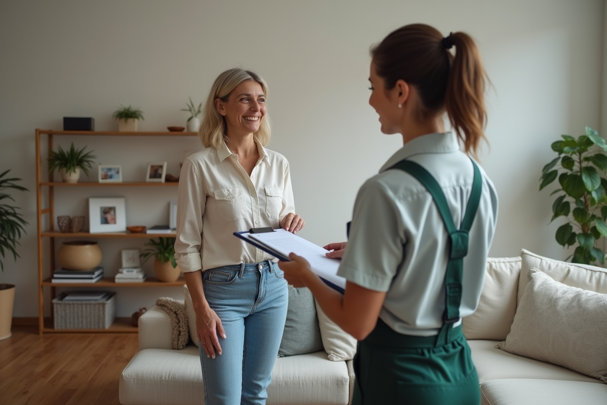 Femme souriante discutant nettoyage avec professionnel dans salon
