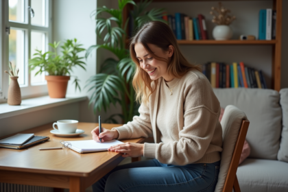 Jeune femme assise à un bureau écrivant dans un carnet
