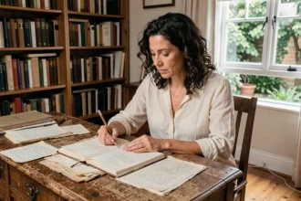 Femme écrivaine travaillant sur une strophe de huit vers dans un bureau littéraire entouré de manuscrits