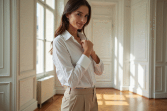 Femme élégante en blouse blanche dans un appartement parisien