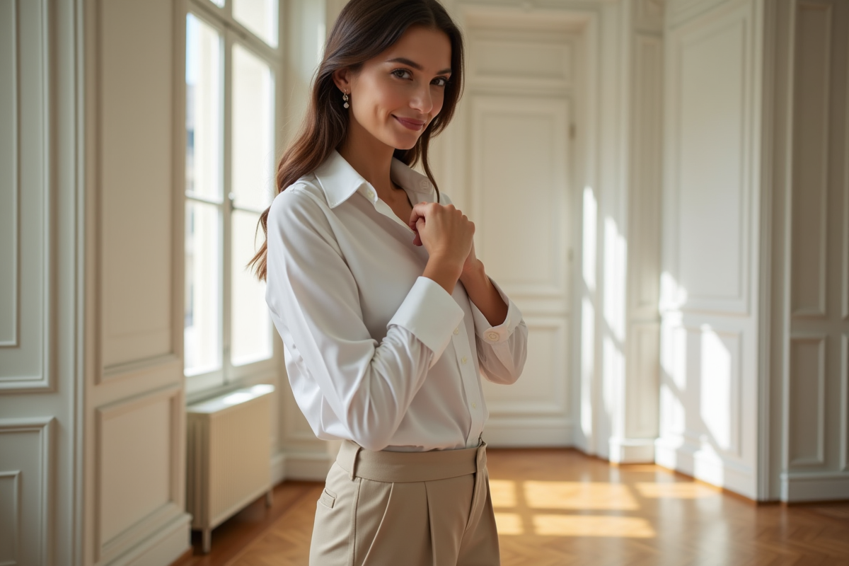Femme élégante en blouse blanche dans un appartement parisien