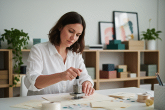 Femme en bureau embossant une carte créative