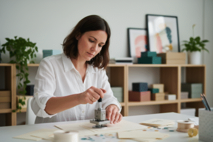 Femme en bureau embossant une carte créative