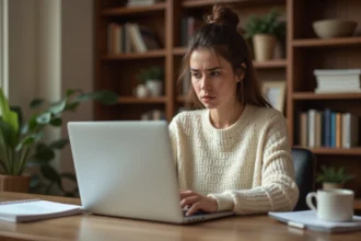 Jeune femme concentrée devant son ordinateur portable, hésitant sur l'orthographe d'un message à envoyer