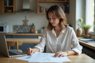 Femme élégante gérant ses finances dans un appartement moderne