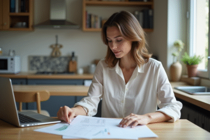 Femme élégante gérant ses finances dans un appartement moderne