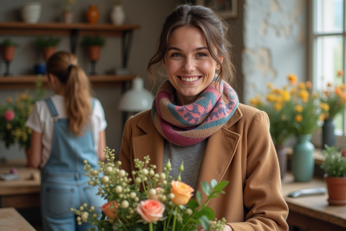 Femme souriante arrangeant des fleurs dans un atelier parisien