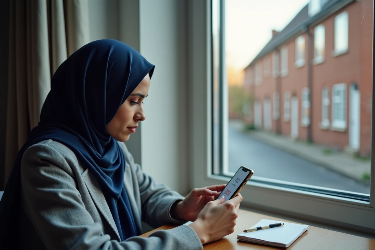 Femme en hijab consultant les horaires de prière sur smartphone dans un appartement de Mons-en-Barœul