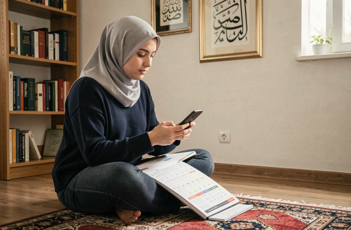 Jeune femme musulmane consultant les horaires de prière sur son téléphone et un calendrier imprimé