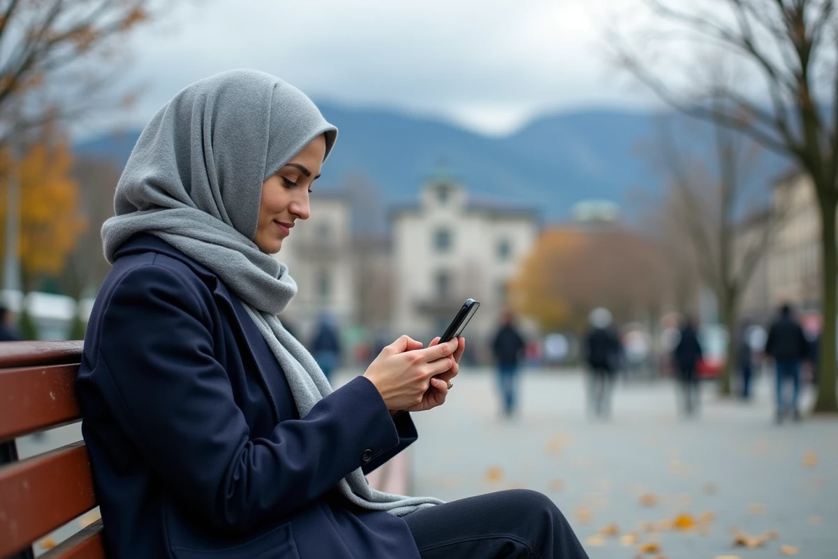 Jeune femme musulmane consultant les horaires de prière sur smartphone dans un square de Grenoble