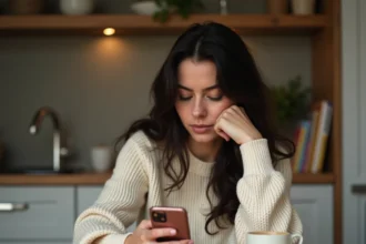 Femme jouant à un jeu de mots sur smartphone à une table en bois, illustrant l'engouement pour Cémantix et Wordle