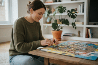 Femme souriante assemble un puzzle coloré dans un salon chaleureux