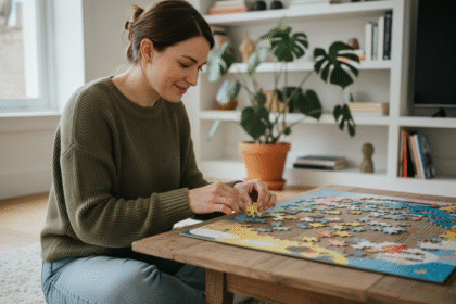 Femme souriante assemble un puzzle coloré dans un salon chaleureux