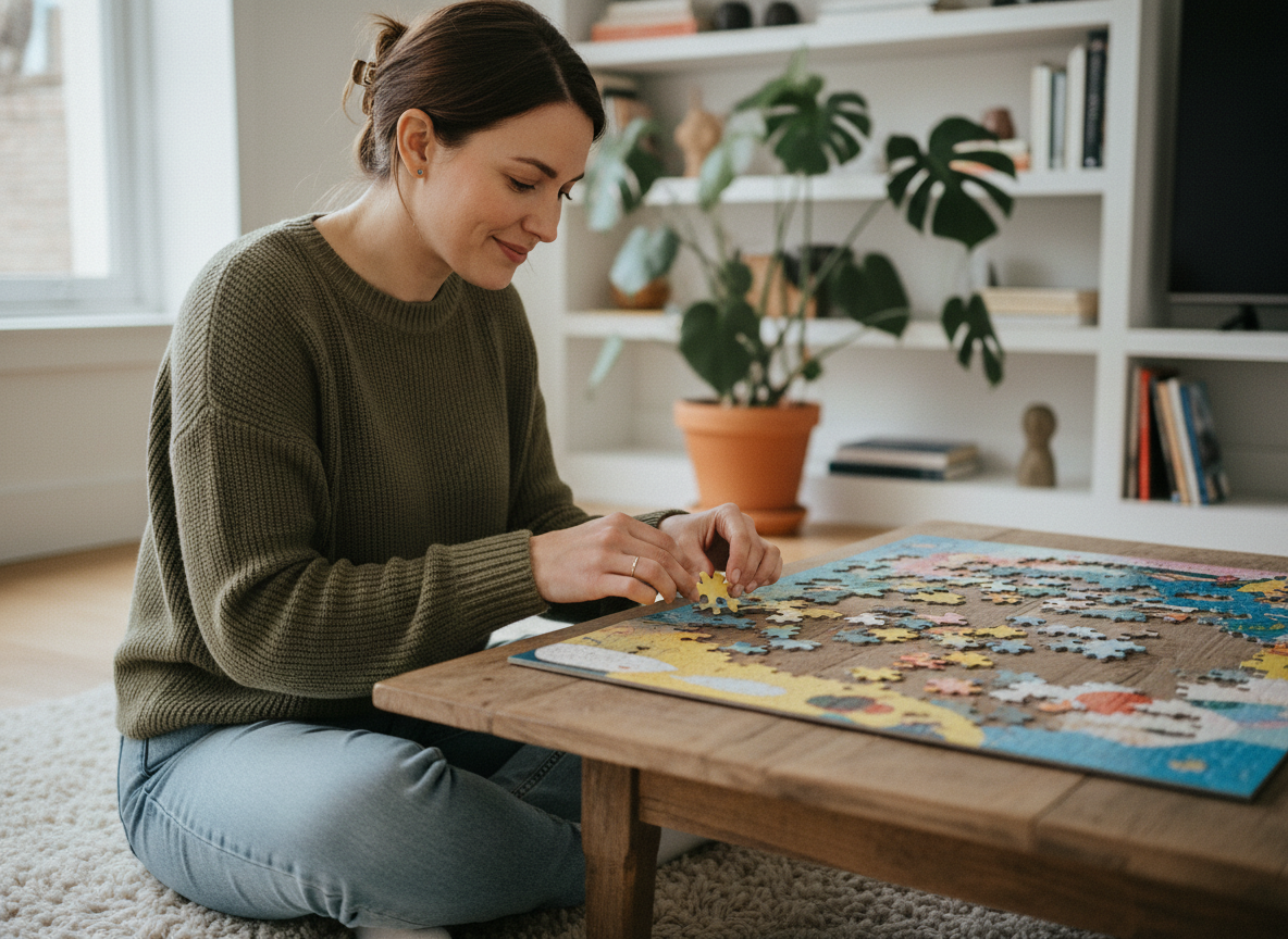 Femme souriante assemble un puzzle coloré dans un salon chaleureux