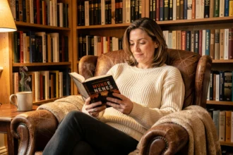 Femme lisant un roman policier cozy crime dans un fauteuil en cuir entouré de bibliothèques chaleureuses
