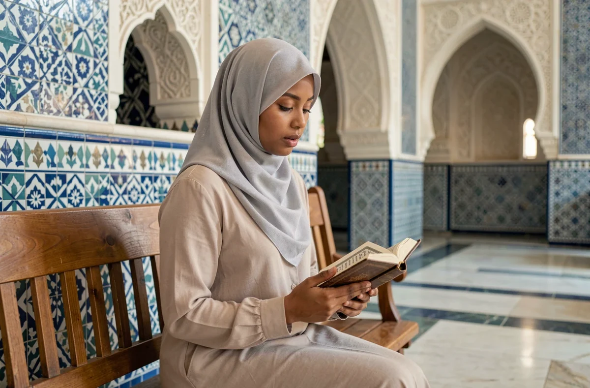 Jeune femme musulmane lisant le Coran dans une mosquée le vendredi