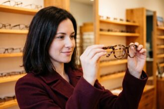 Femme en manteau bordeaux tenant des lunettes en acétate dans une boutique de lunetterie automne-hiver