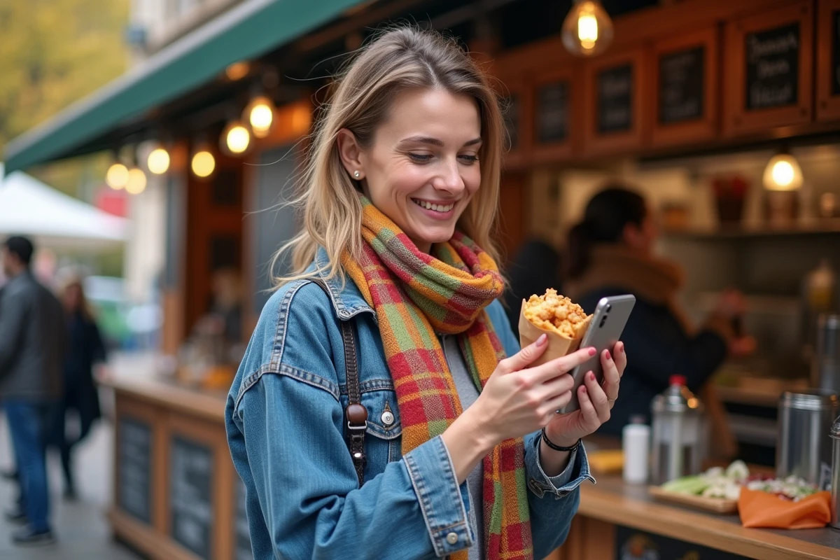 Femme souriante avec écharpe au marché de Bordeaux