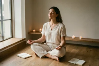 Femme méditant en silence près d'une fenêtre avec un journal ouvert affichant le numéro 22h22, ambiance zen et rituels spirituels