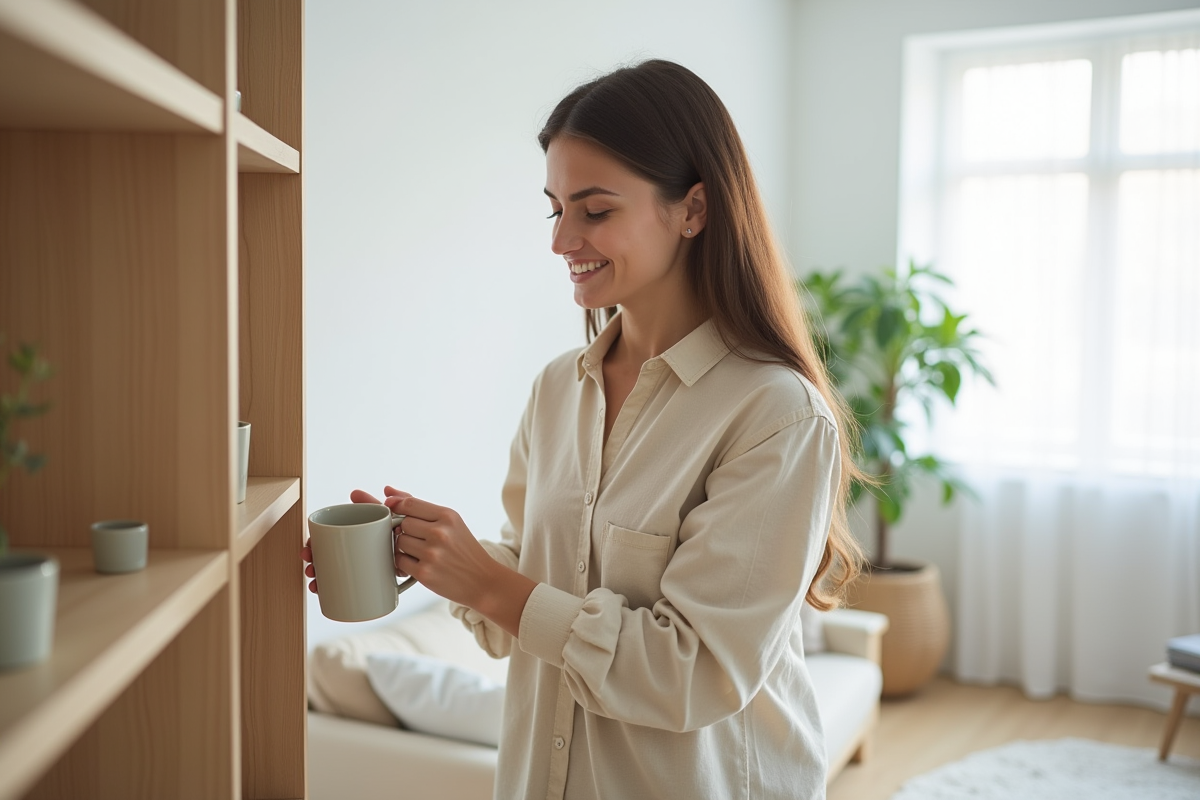 Jeune femme dans un salon minimaliste avec mug en main