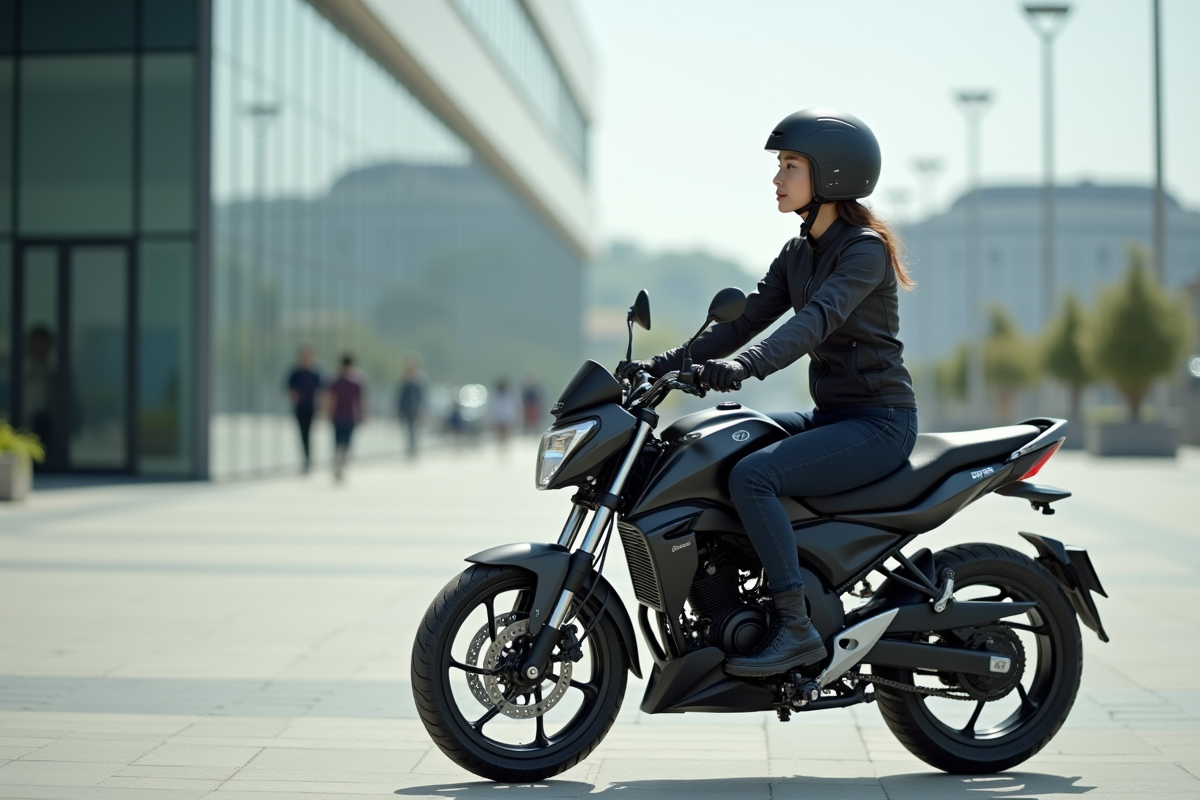 Femme en équipement de moto sur une moto Avengers 125 en ville
