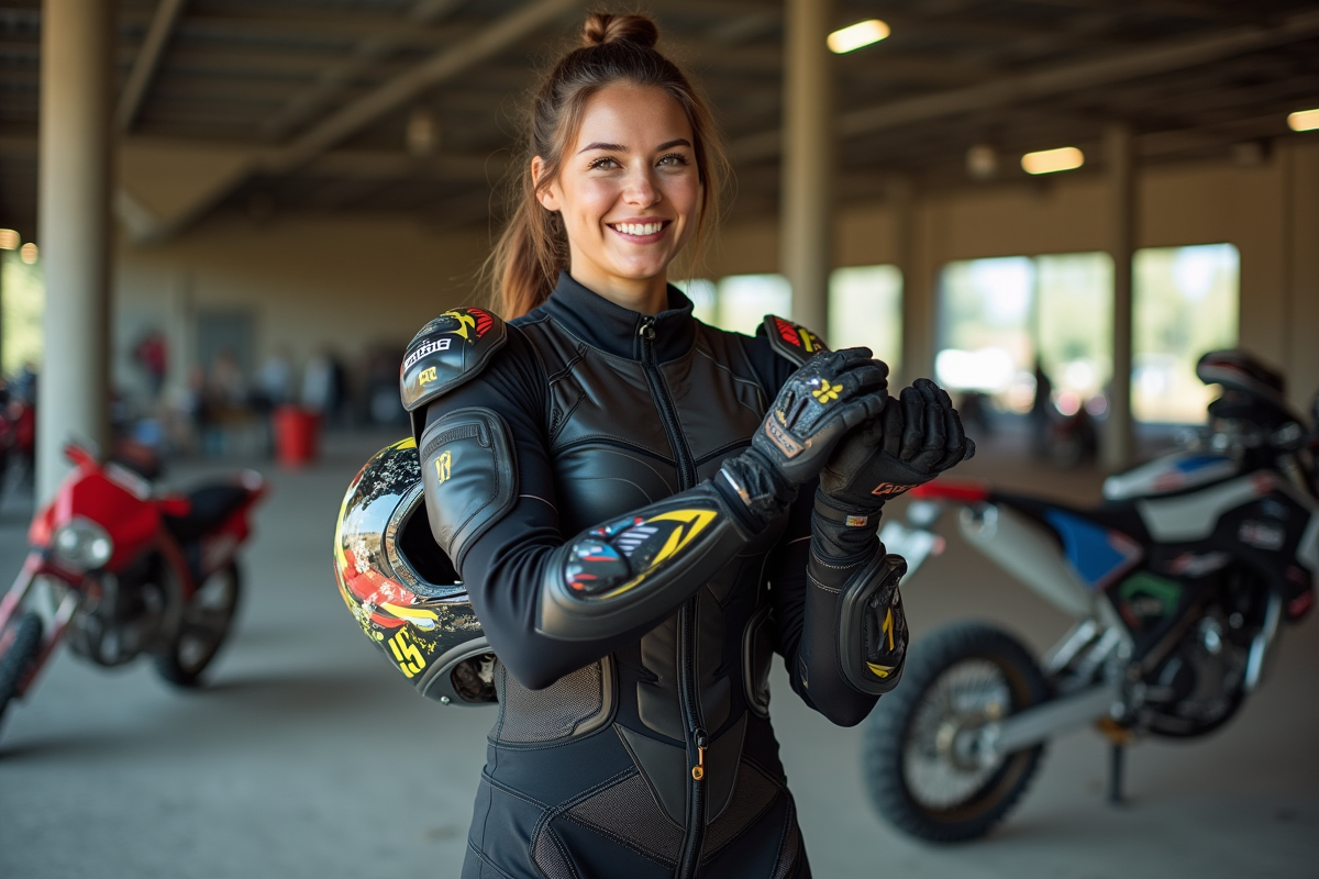Femme motocross vérifiant ses gants dans un paddock
