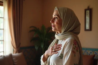 Femme nord-africaine en hijab portant la main au cœur en signe de gratitude après avoir reçu des condoléances