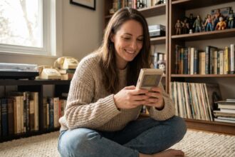 Jeune femme souriante avec console de jeux vintage