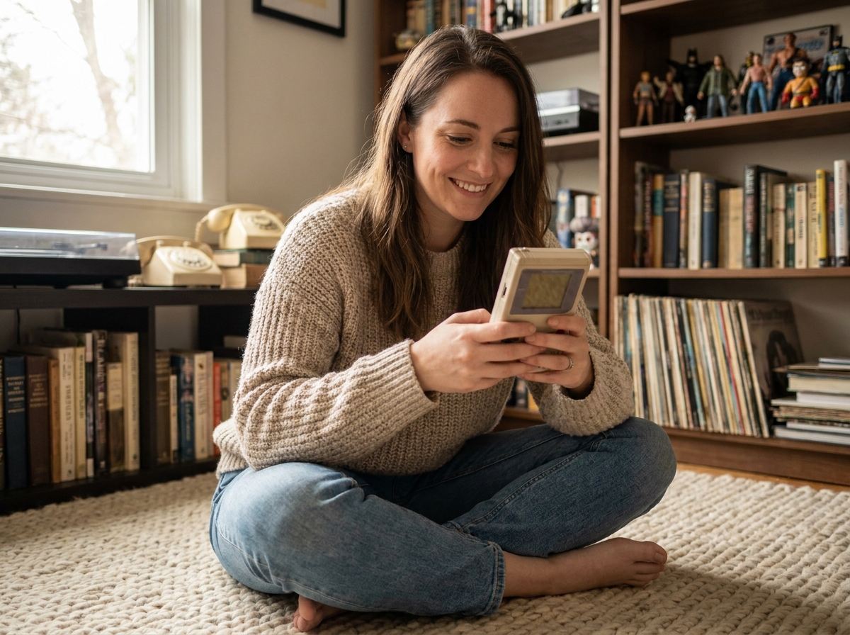 Jeune femme souriante avec console de jeux vintage