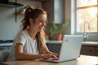 Jeune femme souriante utilisant un ordinateur pour naviguer sur un site de gym