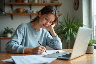 Jeune femme organise ses finances dans un intérieur lumineux