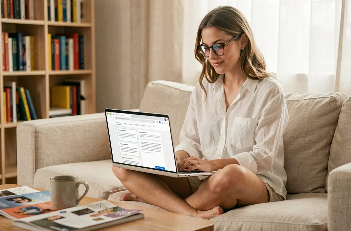 Jeune femme utilisant un outil de maquettage en ligne avec du texte Lorem Ipsum sur son ordinateur portable depuis son canapé à domicile