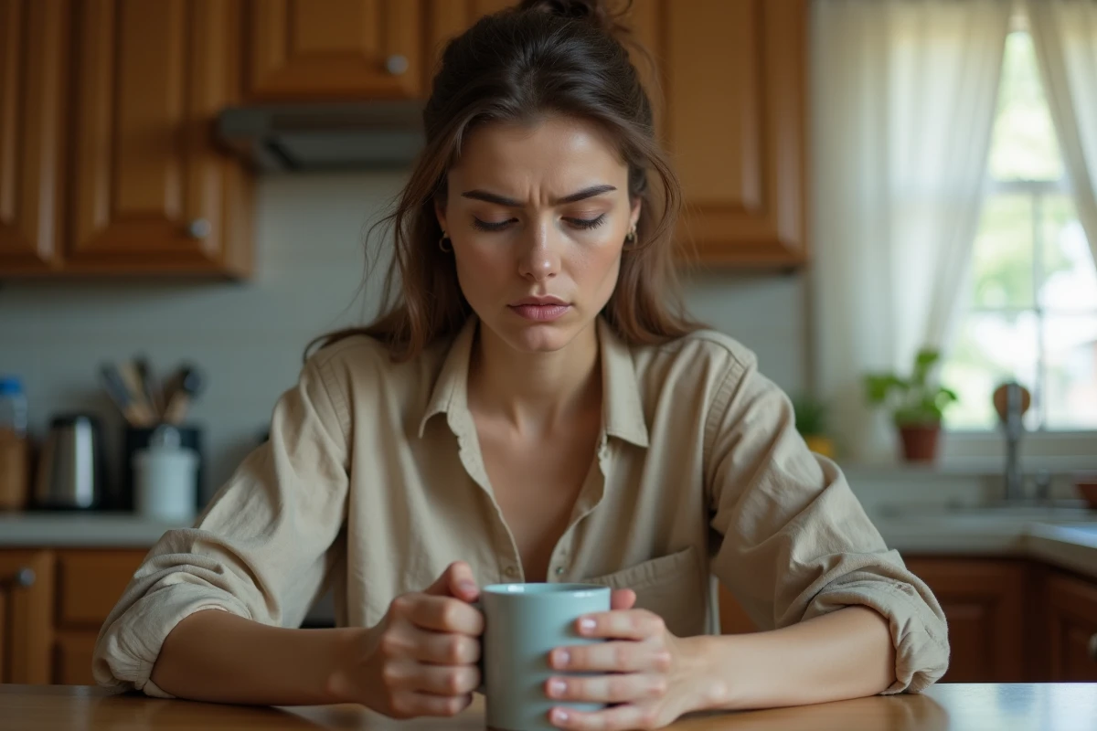 Femme pensive assise seule dans une cuisine face à une situation de non-respect de mesure d'éloignement