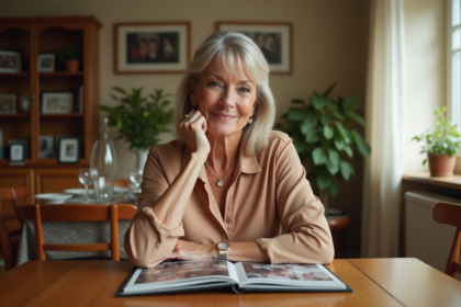 Femme réfléchissant à un album photo familial dans la maison