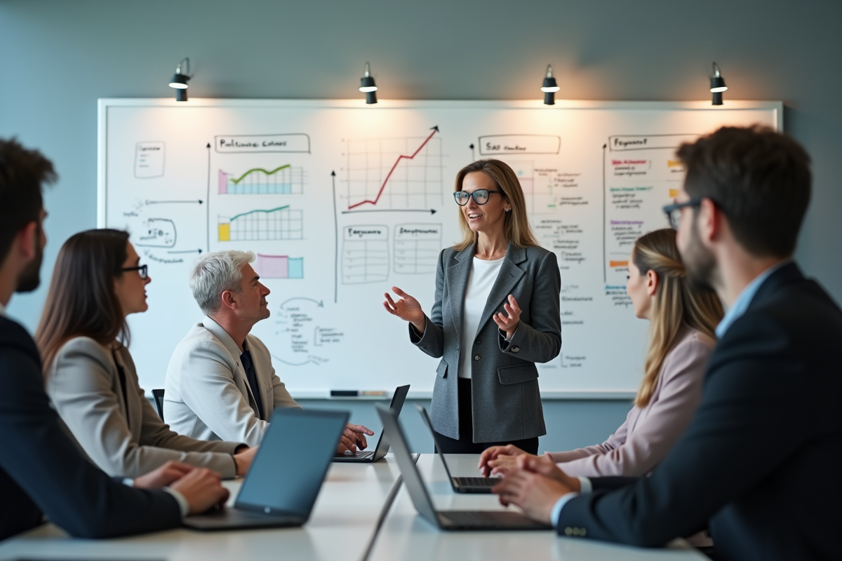 Femme en présentation SEO devant collègues dans une salle de réunion
