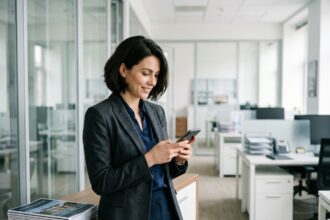 Femme d affaires en immobilier tenant son smartphone