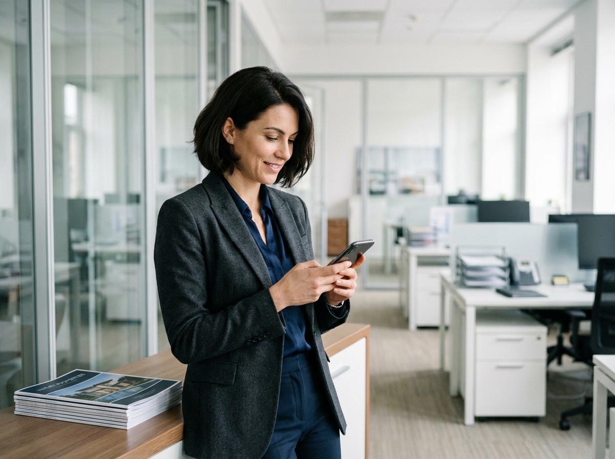 Femme d affaires en immobilier tenant son smartphone