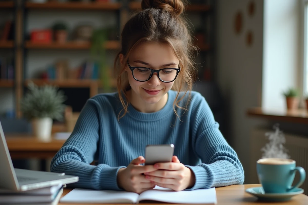Jeune femme concentrée avec smartphone et puzzle Codycross