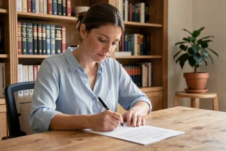 Femme rédigeant des notes sur une fiche mémo grammaticale concernant l'orthographe des jeux et concours