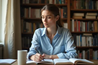 Femme rédigeant un texte à son bureau entouré de livres de grammaire française, illustrant la réflexion sur l'usage de la locution 'au sein de'