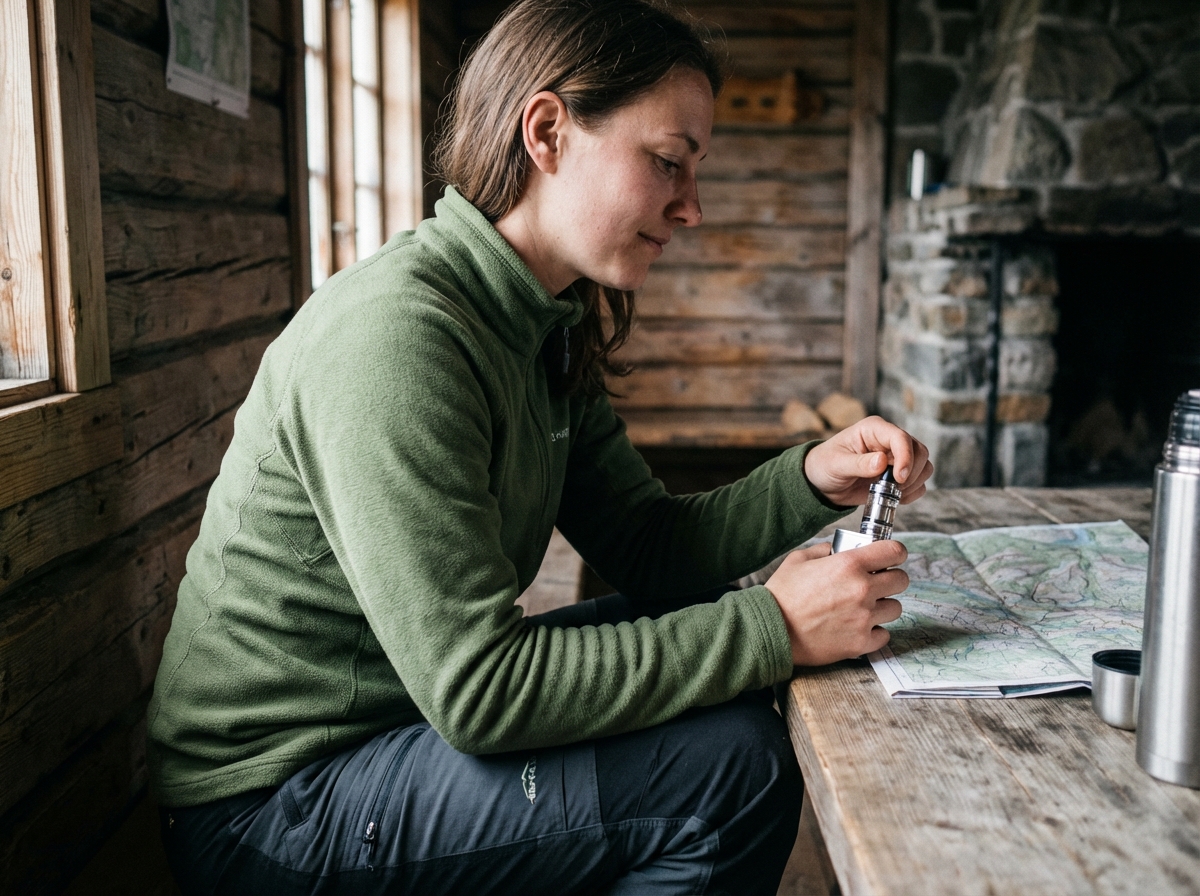 Femme dans un refuge de montagne manipulant une cigarette électronique