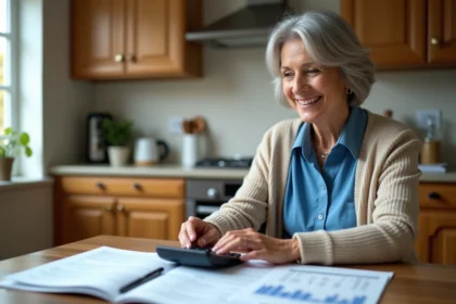 Femme retraitée souriante dans la cuisine avec documents