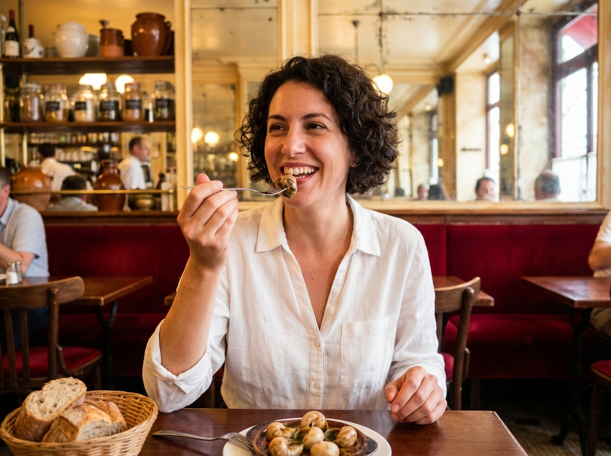 Jeune femme dégustant des escargots dans un bistrot parisien