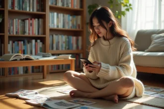 Jeune femme scannant le code QR d'un manga pour suivre ses sorties hebdomadaires depuis son appartement