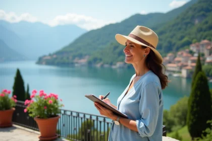 Femme souriante en robe bleue sur terrasse avec vue sur le lac Como