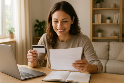 Femme souriante utilisant une carte de crédit à la maison