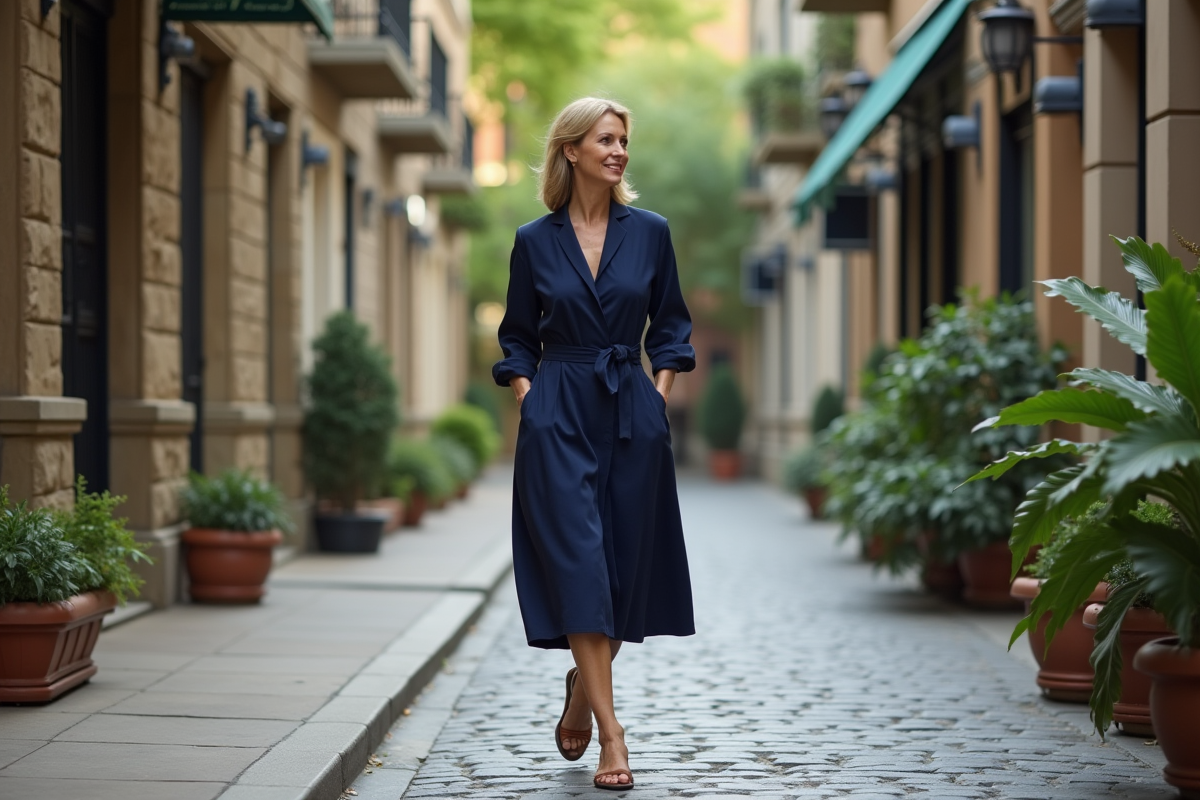 Femme en robe marine marchant dans une rue pavée