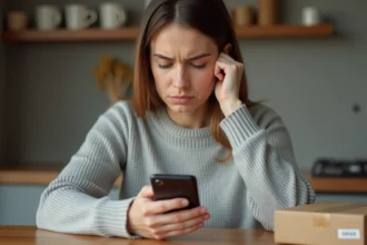 Femme consultant le suivi de colis Vinted Go bloqué sur son smartphone, assise à une table en bois avec un colis en attente