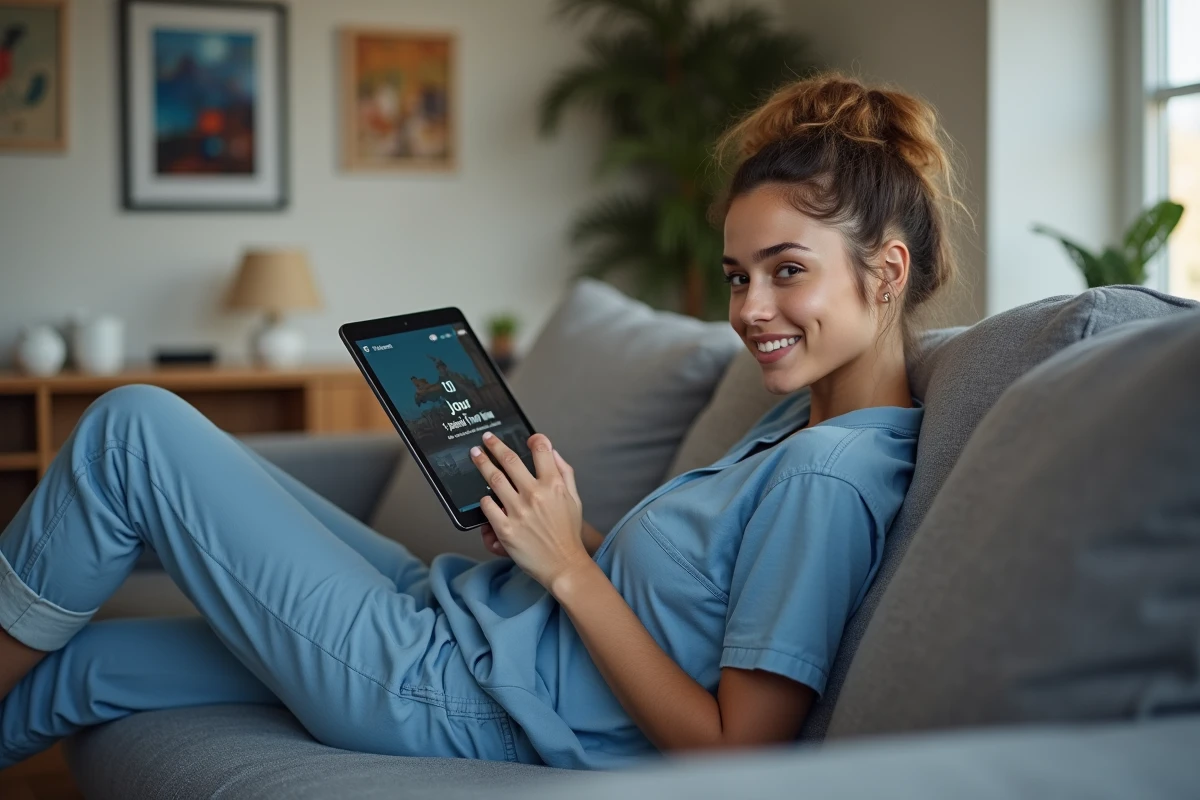 Femme allongée sur un canapé utilisant une tablette